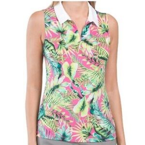 NWT Ladies TOMMY BAHAMA Pink Yellow Tropical Sleeveless Golf Shirt Polo L